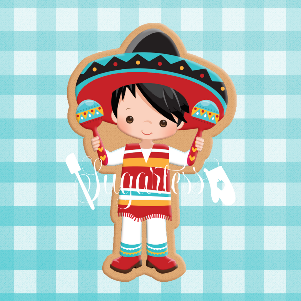 Sugartess custom cookie cutter in shape of mariachi Mexican boy with maracas.