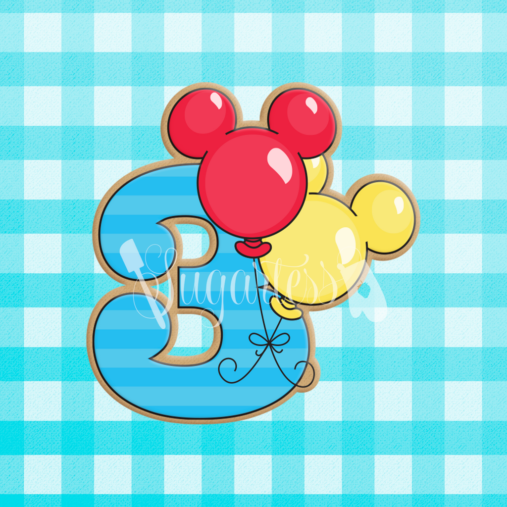 Sugartess custom cookie cutter in shape of a blue birthday number three with mouse red and yellow head balloons.