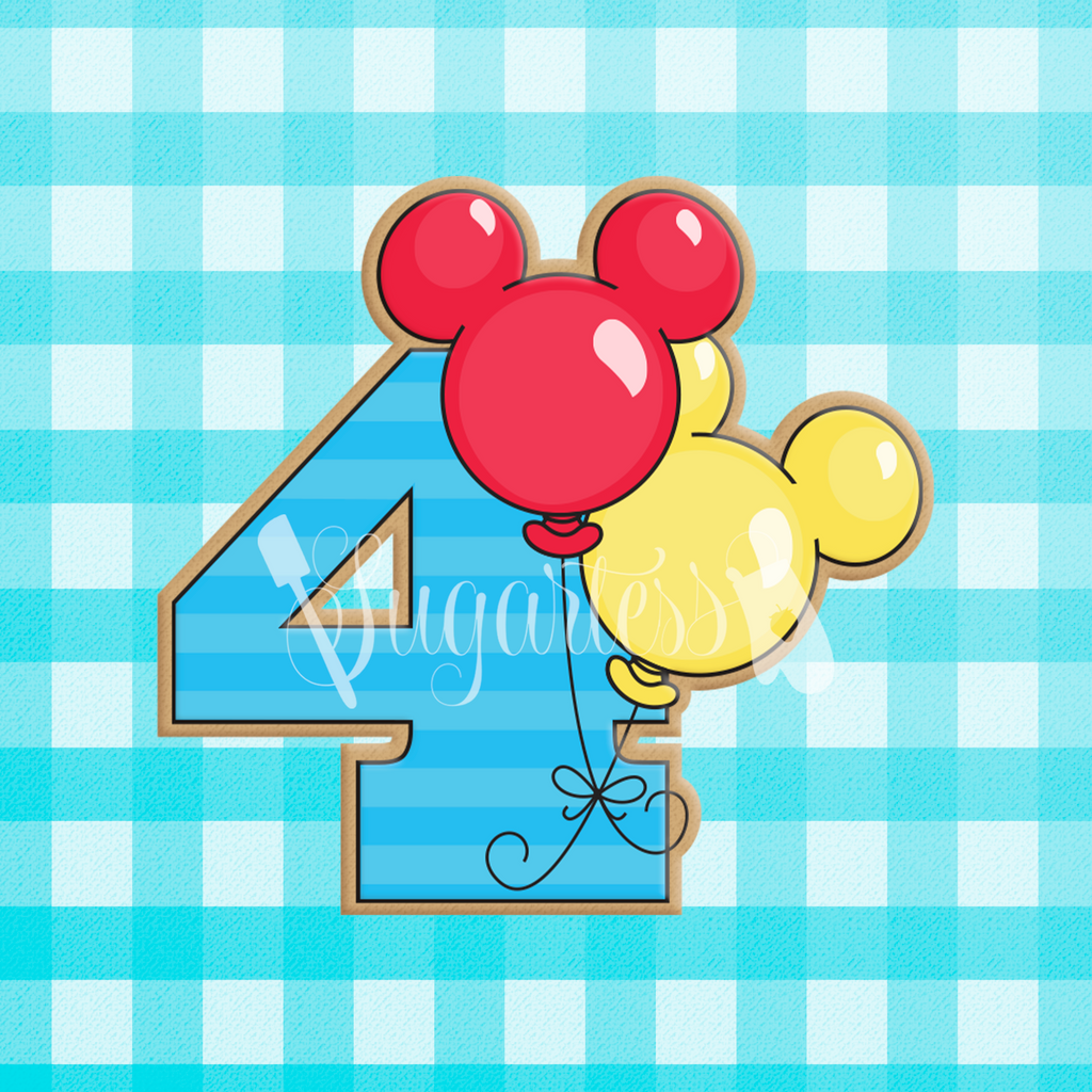 Sugartess custom cookie cutter in shape of a blue birthday number four with mouse red and yellow head balloons.