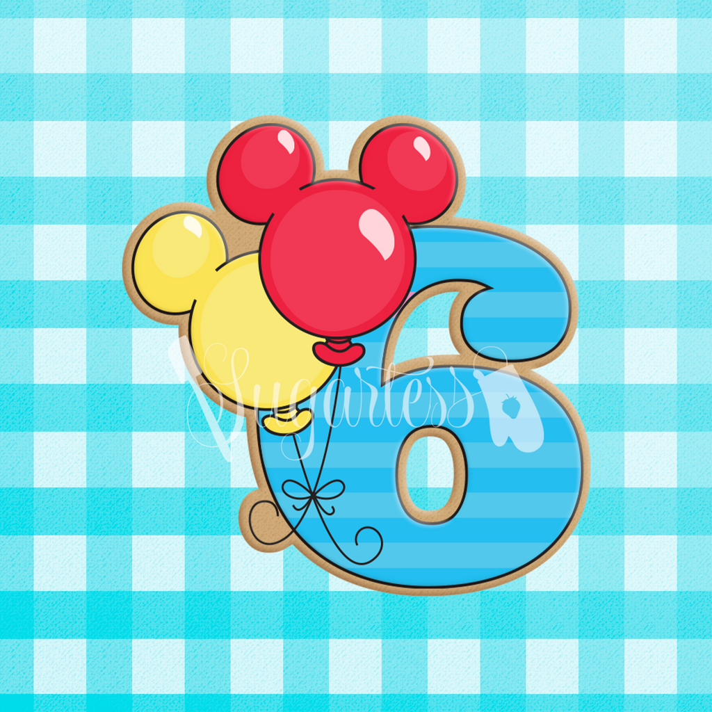 Sugartess custom cookie cutter in shape of a blue birthday number six with mouse red and yellow head balloons.