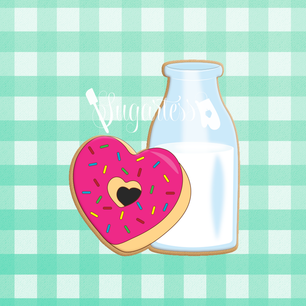 Sugartess custom cookie cutter in shape of milk bottle and heart donut perfect pair.