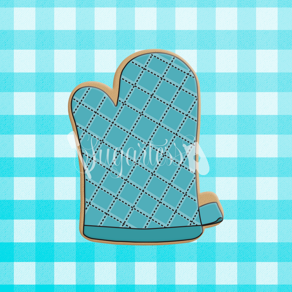 Sugartess custom cookie cutter in shape of a blue chubby mini oven mitten.