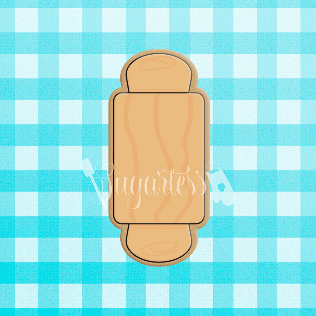 Sugartess custom cookie cutter in shape of a wooden chubby mini rolling pin.