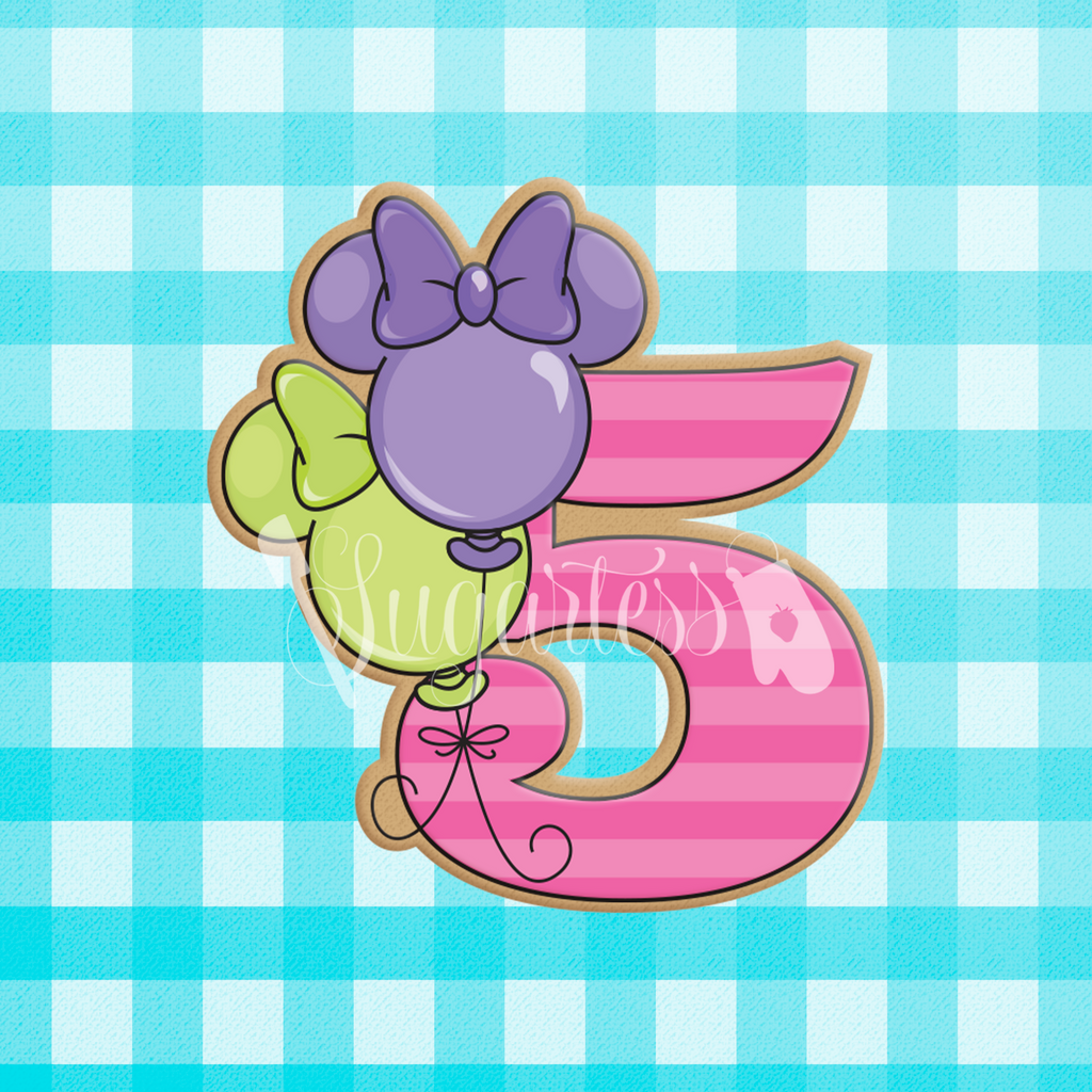 Sugartess custom cookie cutter in shape of birthday number five with girl mouse head balloons.