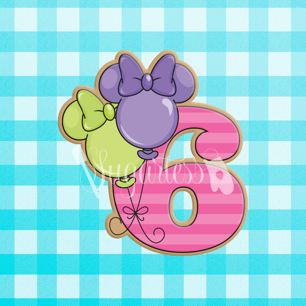 Sugartess custom cookie cutter in shape of birthday number six with girl mouse head balloons.