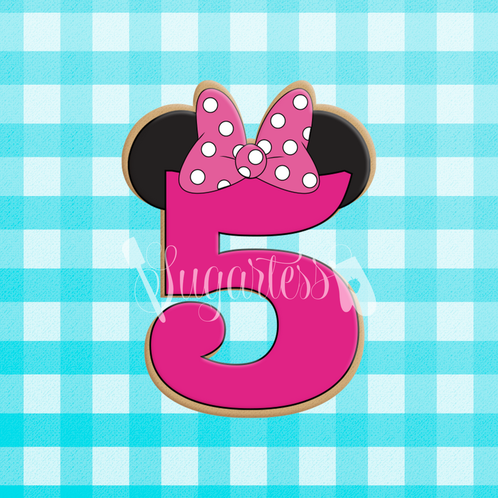 Sugartess custom cookie cutter in shape of birthday number five with mouse ears and head bow.