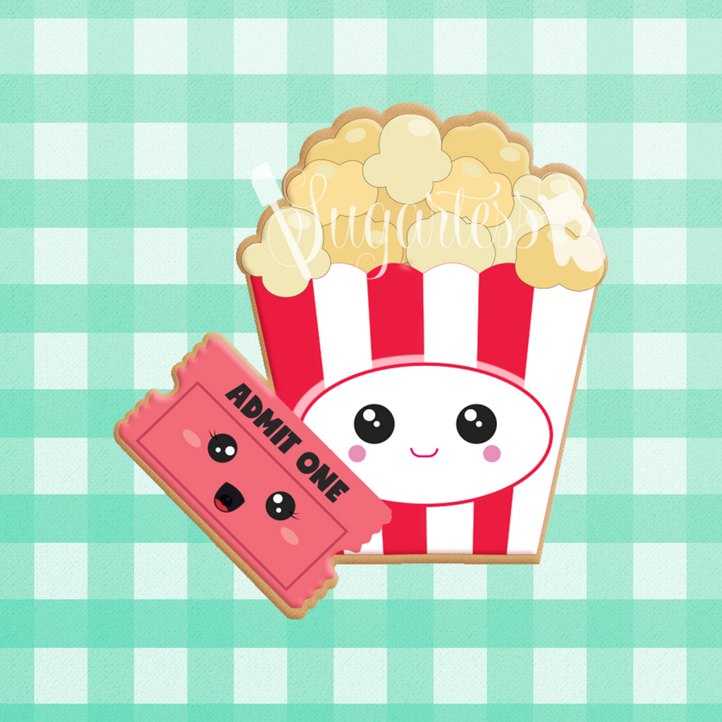 Sugartess custom cookie cutter in shape of kawaii movie ticket and popcorn tub perfect pair.