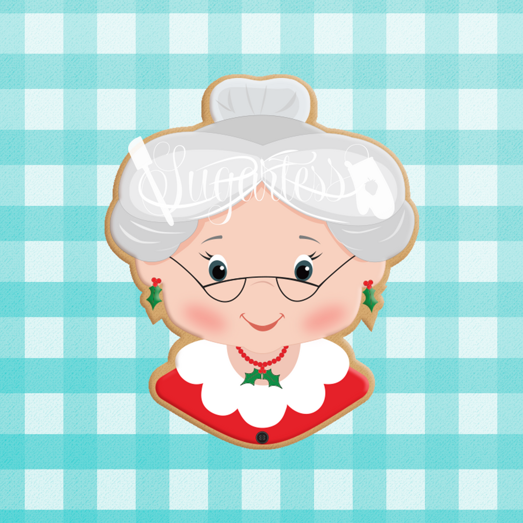 Sugartess custom cookie cutter in shape of  Mrs. Santa Claus's Head.