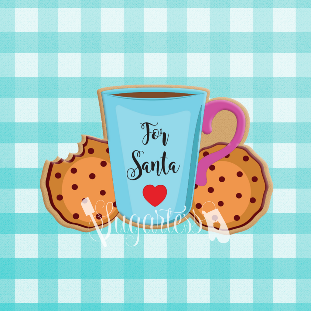 Sugartess custom cookie cutter in shape of cup of coffee or hot chocolate with cookie on the side for Santa.