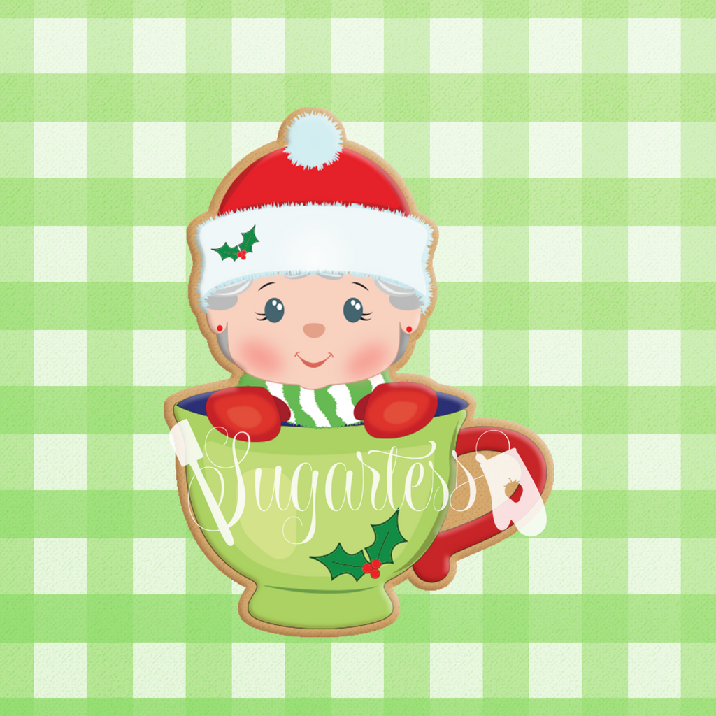  Sugartess cookie cutter in shape of    Peek-a-Boo Mrs. Santa Claus in Mug Cookie Cutter . 3D printed from biodegradable PLA plastic in diferent sizes ranging from 2 to 6 inches.