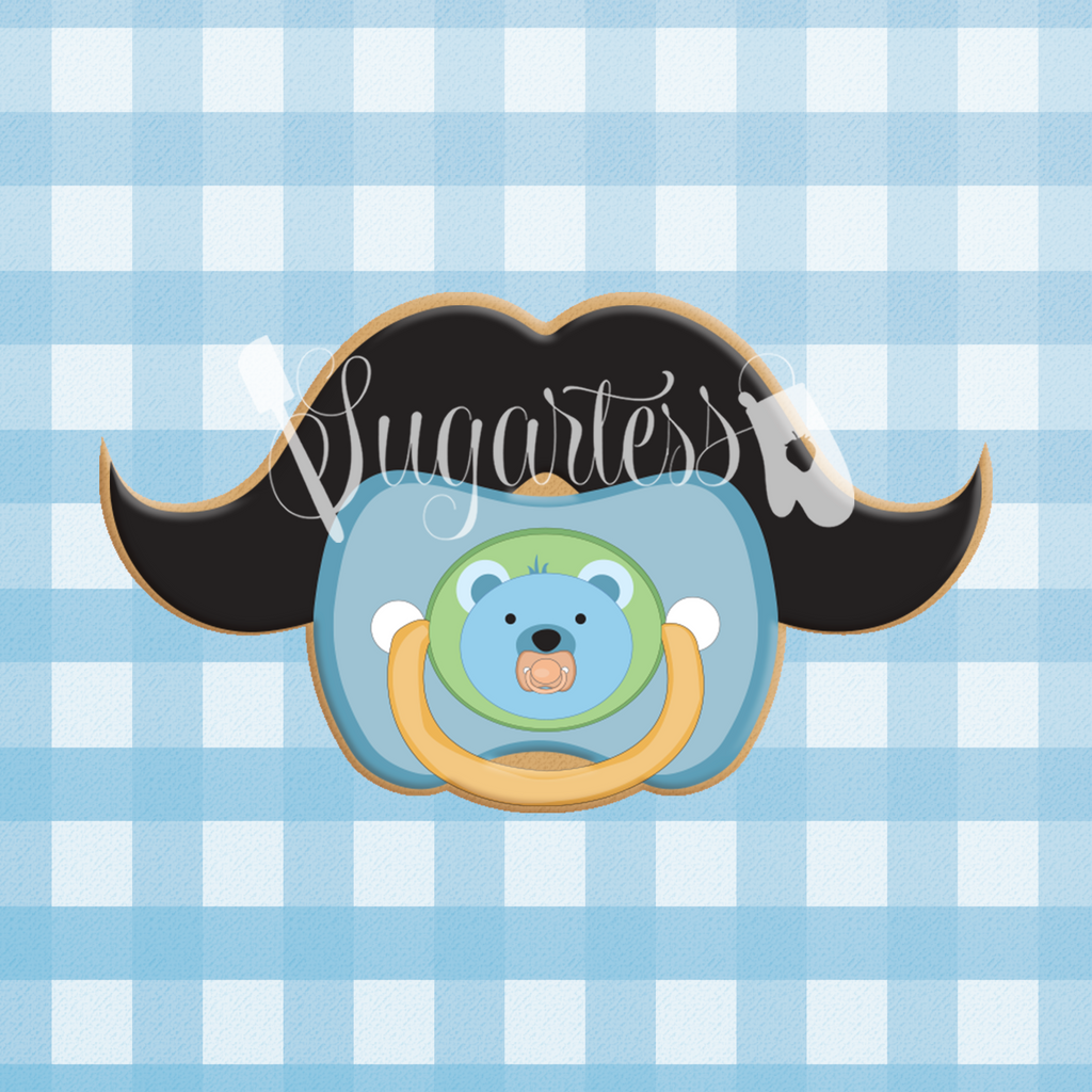 Sugartess cookie cutter in shape of   Little Man's Pacifier with Mustache #1. 3D printed from biodegradable  PLA plastic in different sizes ranging from 2 to 6 inches.