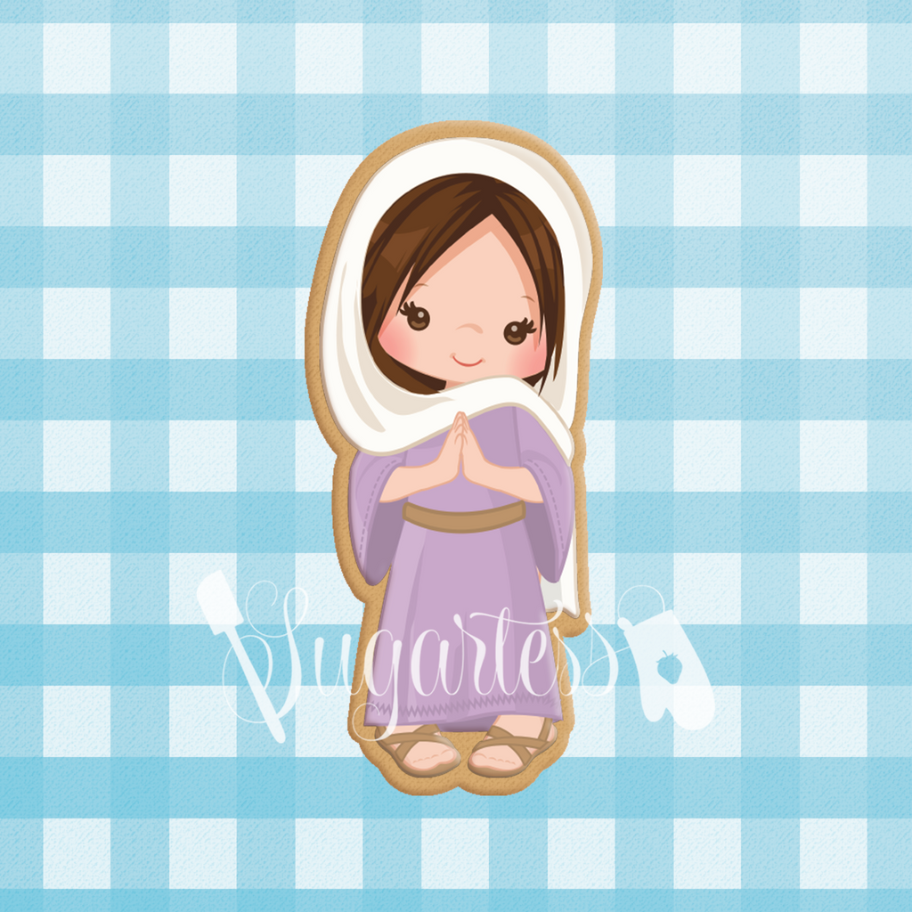 Sugartess cookie cutter in shape of    Nativity Virgin Mary. 3D printed from biodegradable PLA  plastic in diferent sizes ranging from 2 to 6 inches.
