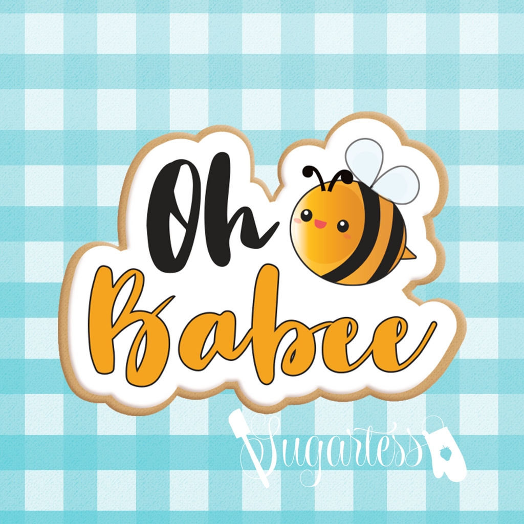 Sugartess custom cookie cutter in shape of Oh Baby Cursive Letter Word Plaque with Bumblebee.