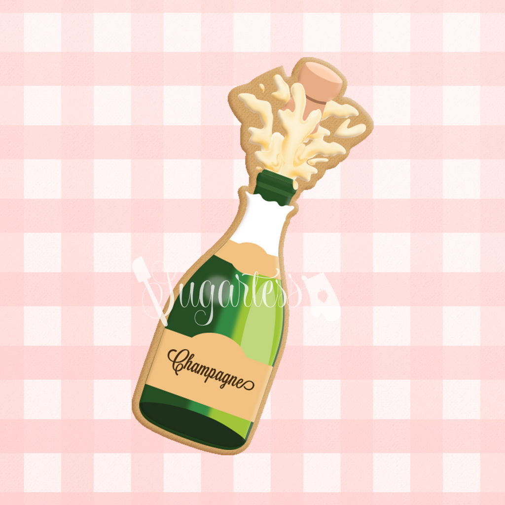 Sugartess custom cookie cutter in shape of opening champagne bottle with cork splash.