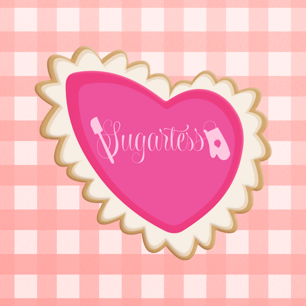 Sugartess custom cookie cutter in shape of Valentine's scalloped organic heart.