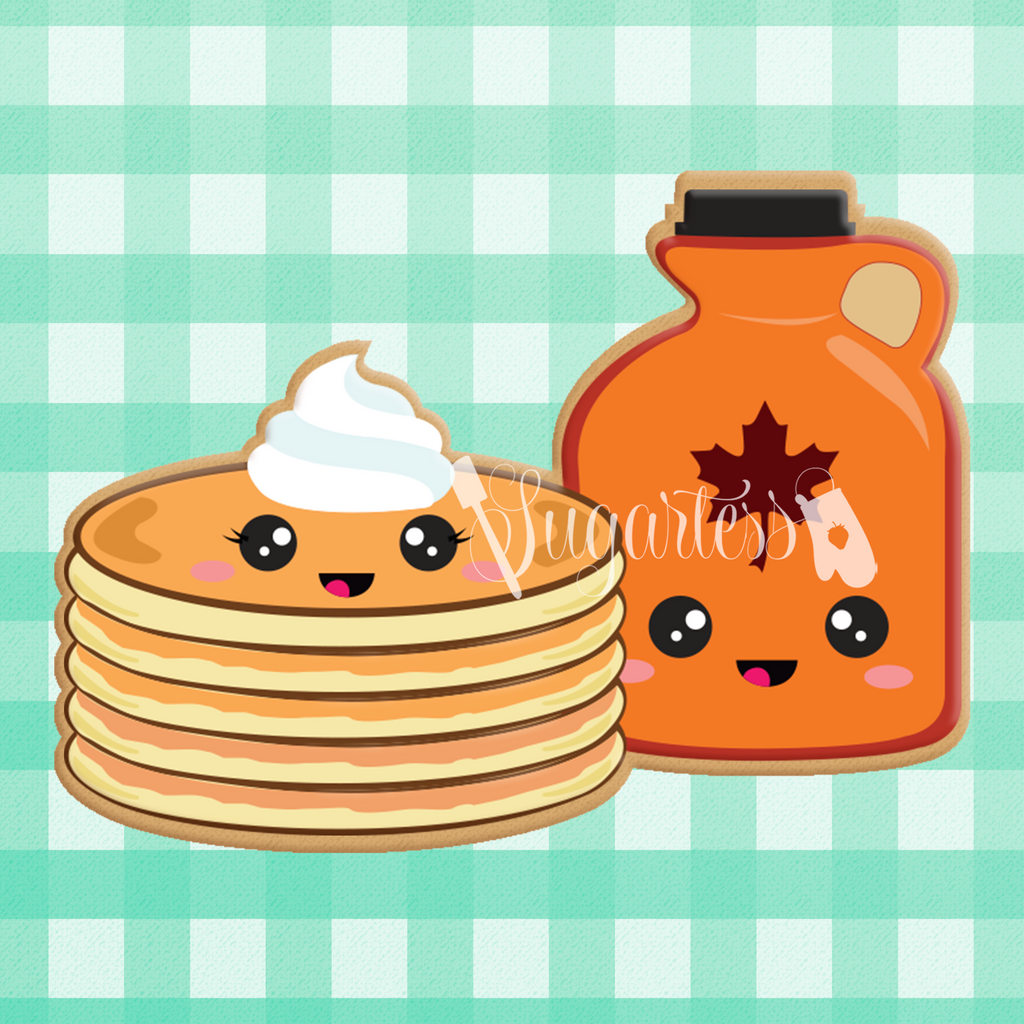 Sugartess custom cookie cutter in shape of kawaii stack of pancakes and bottle of syrup perfect pair.