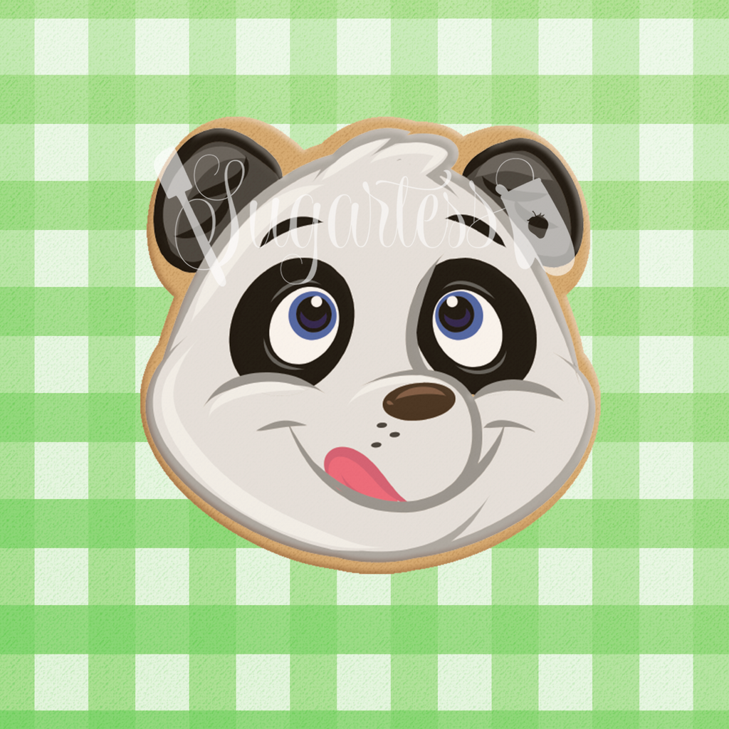 Sugartess custom cookie cutter in shape of cute cartoon panda bear head.