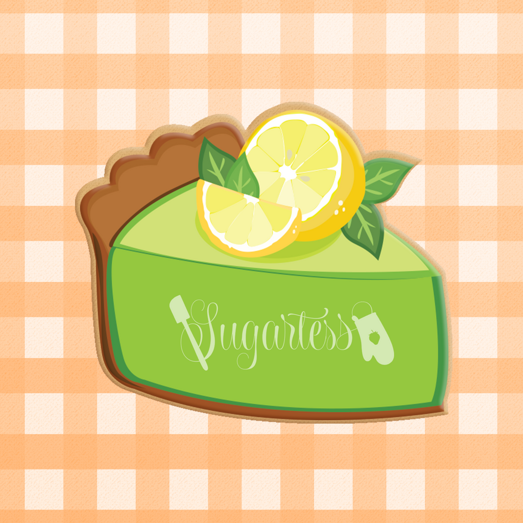 Sugartess custom cookie cutter in shape of a lemon or lime piece of pie.