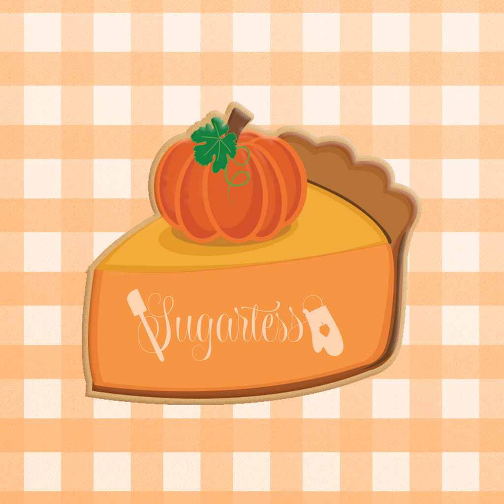 Sugartess custom cookie cutter in shape of a pie slice / piece with pumpkin on top.