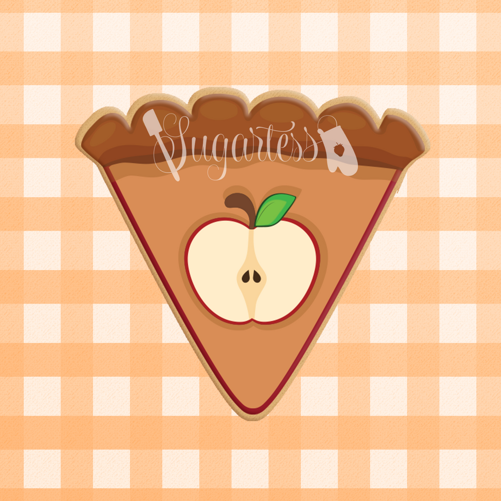 Sugartess custom cookie cutter in shape of a pie slice / piece with apple wedge on top.