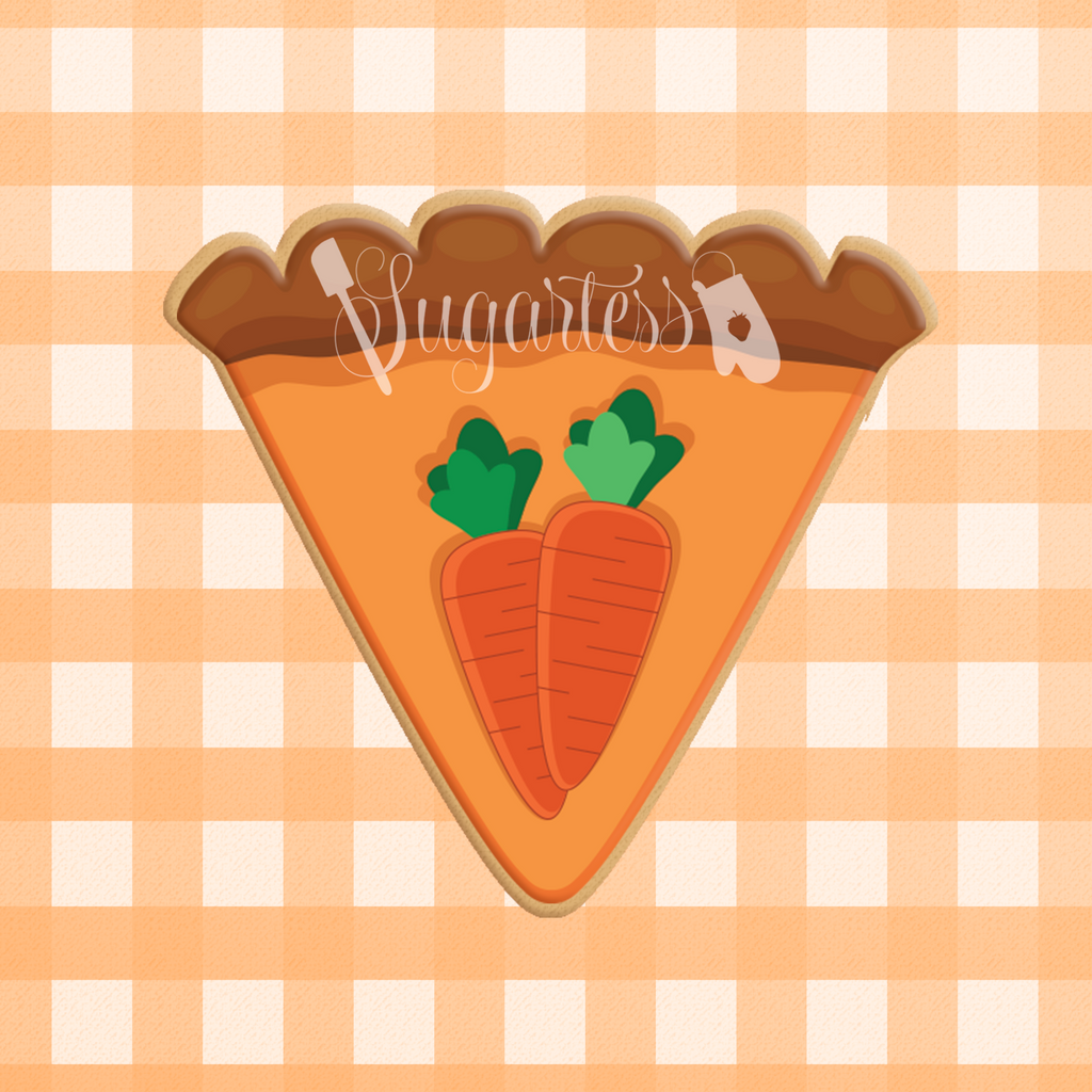 Sugartess custom cookie cutter in shape of a pie slice / piece with carrots on top.