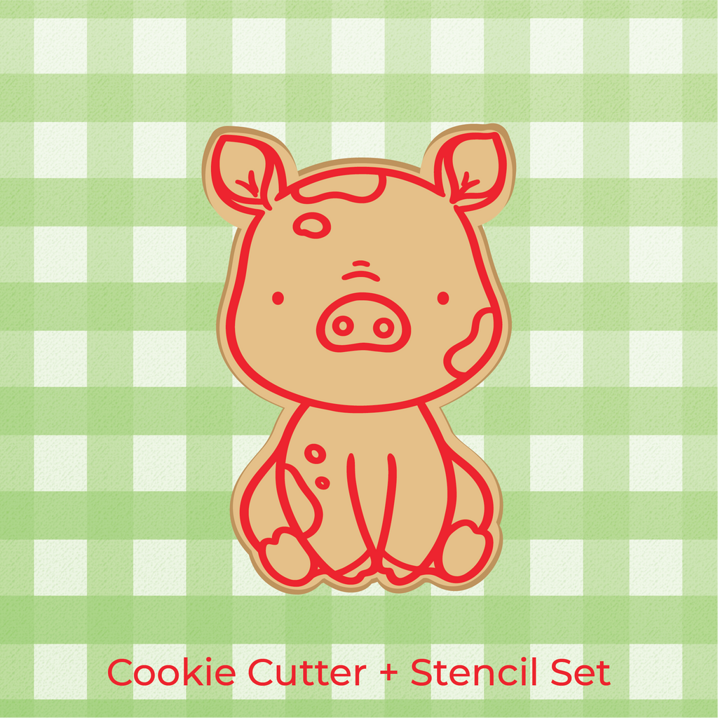 Sugartess cookie in shape of farm pig and stencil lines printed on top.