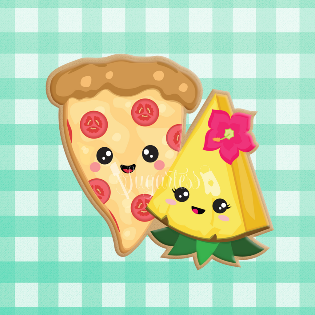 Sugartess custom cookie cutter in shape of kawaii pizza slice and pineapple slice perfect pair.