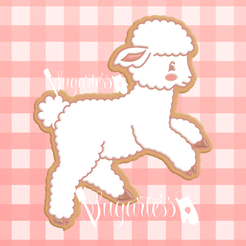 Sugartess cookie cutter in shape of Playful Baby Lamb. 3D printed from biodegradable  PLA plastic in diferent sizes ranging from 2 to 6 inches.
