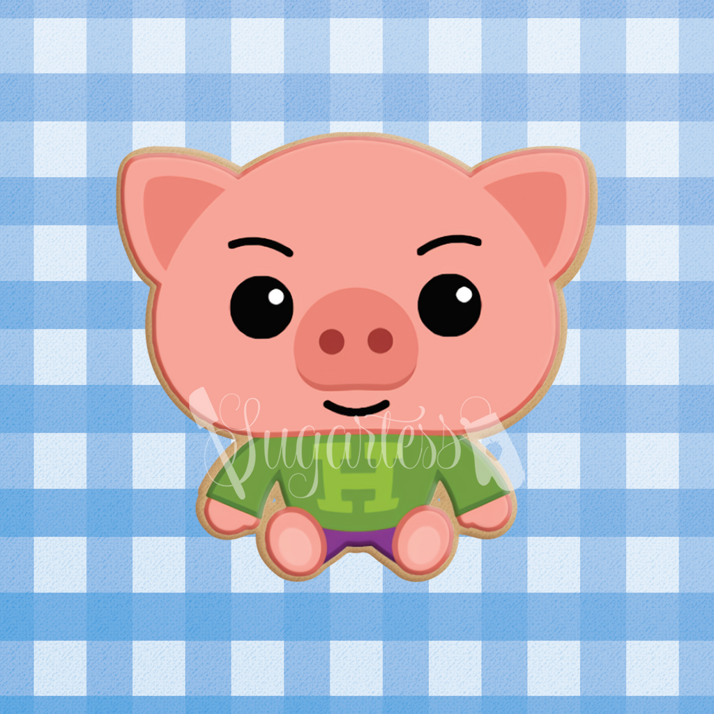 Sugartess cookie cutter in shape of Hoggie pig, a Plim Plim  T.V. character, sitting down.