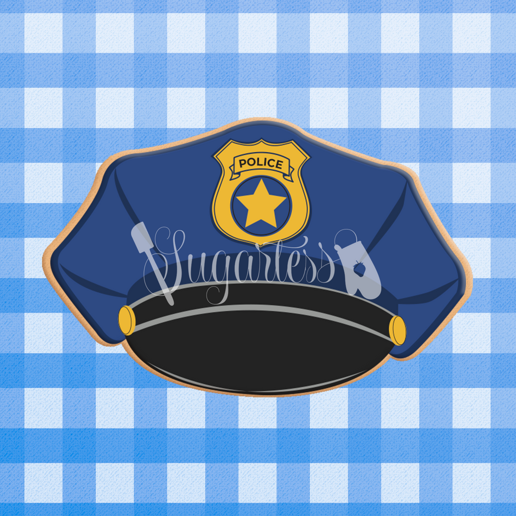 Sugartess custom cookie cutter in shape of police hat.