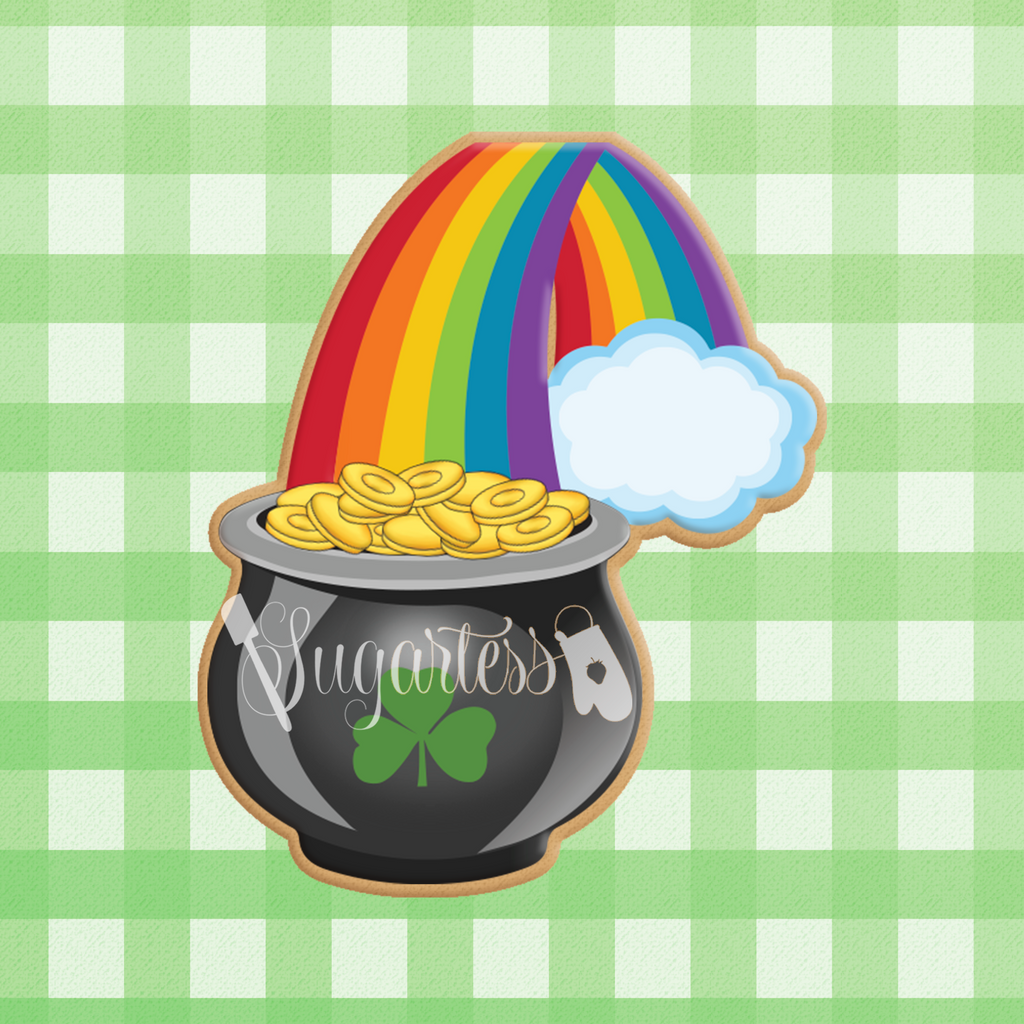 Sugartess custom cookie cutter in shape of pot of gold with rainbow cloud.