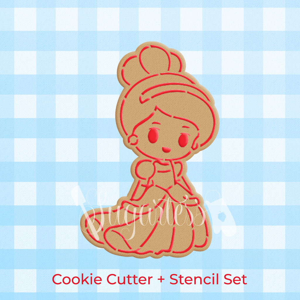 Sugartess chibi Cinderella princess cookie with stencil piping decorating guide lines.