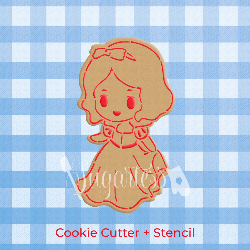 Sugartess chibi princess Snow White cookie with stencil piping guide lines.