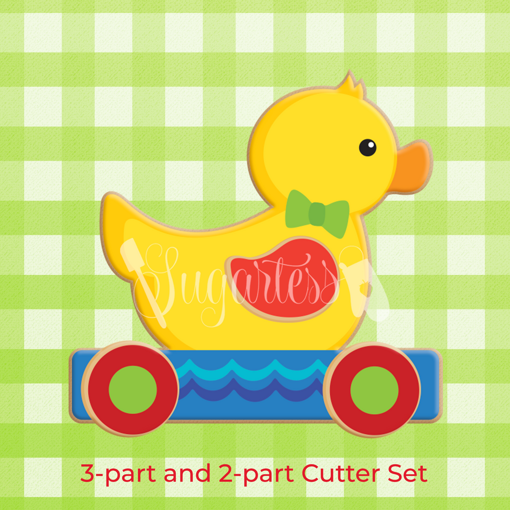 Sugartess custom 3-D baby cookie cutter set in shape of pull along boy toy duck.