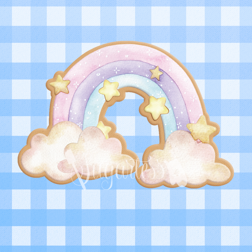 Sugartess custom cookie cutter in shape of Whimsical Watercolor Rainbow with Clouds and Stars.