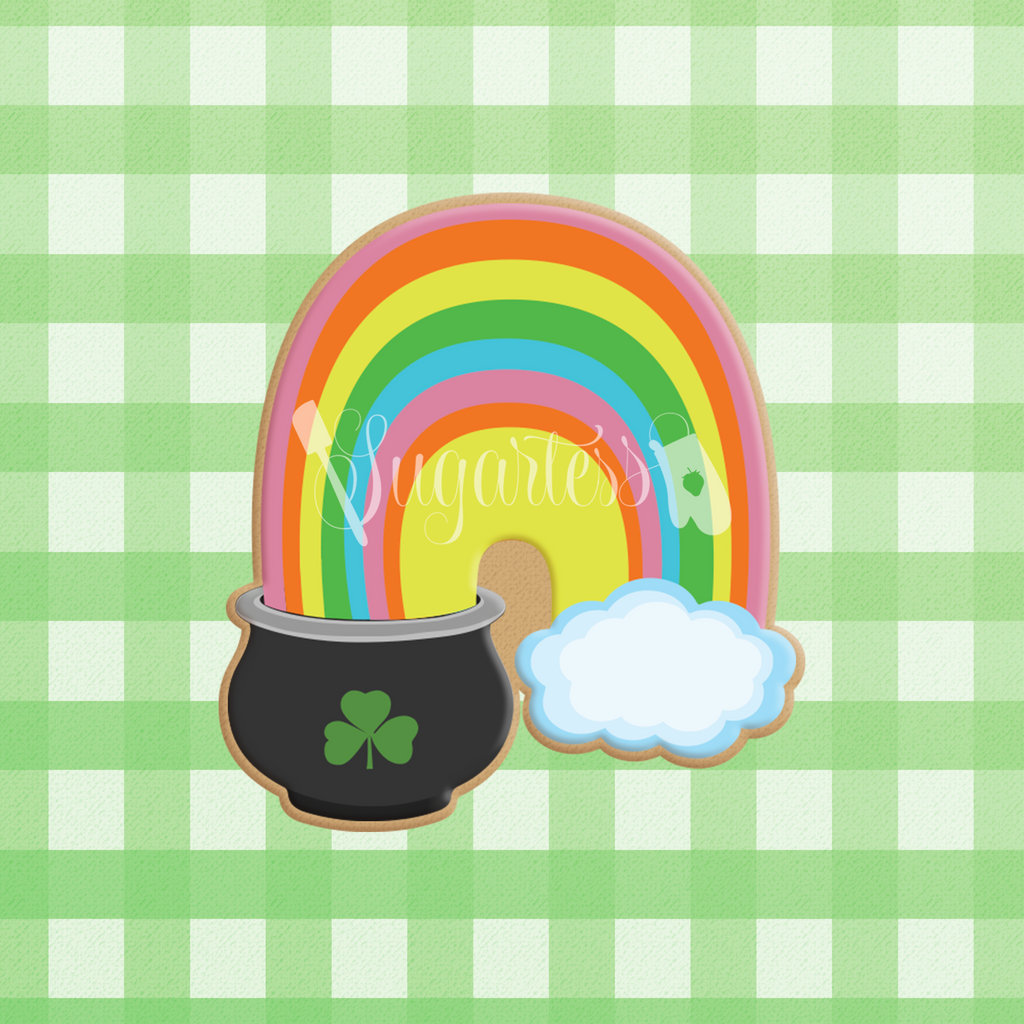 Sugartess custom cookie cutter in shape of St. Patrick's Chubby Rainbow with Pot of Gold and Cloud.
