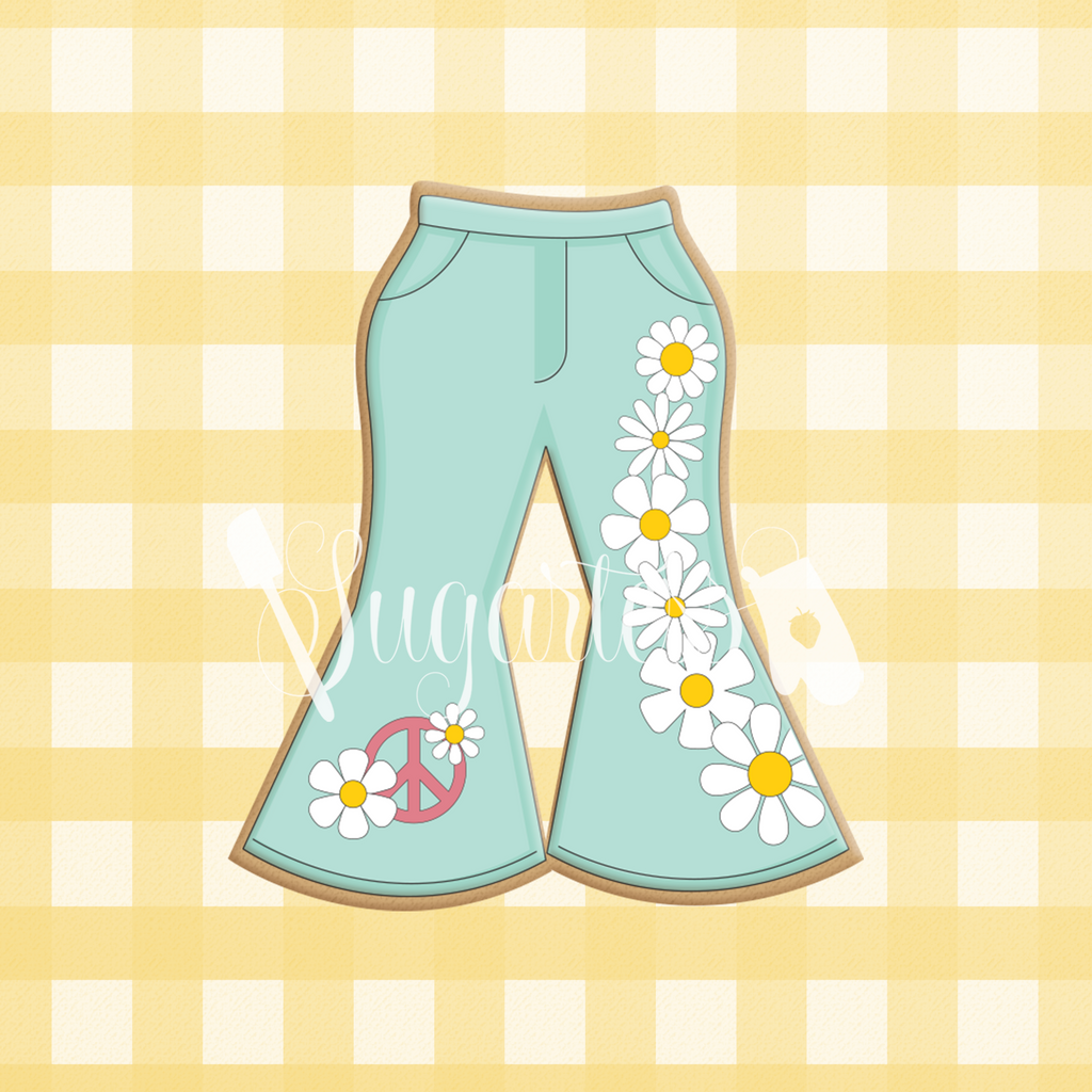 Sugartess custom cookie cutter in shape of an aqua color vintage retro bell bottom pants. 