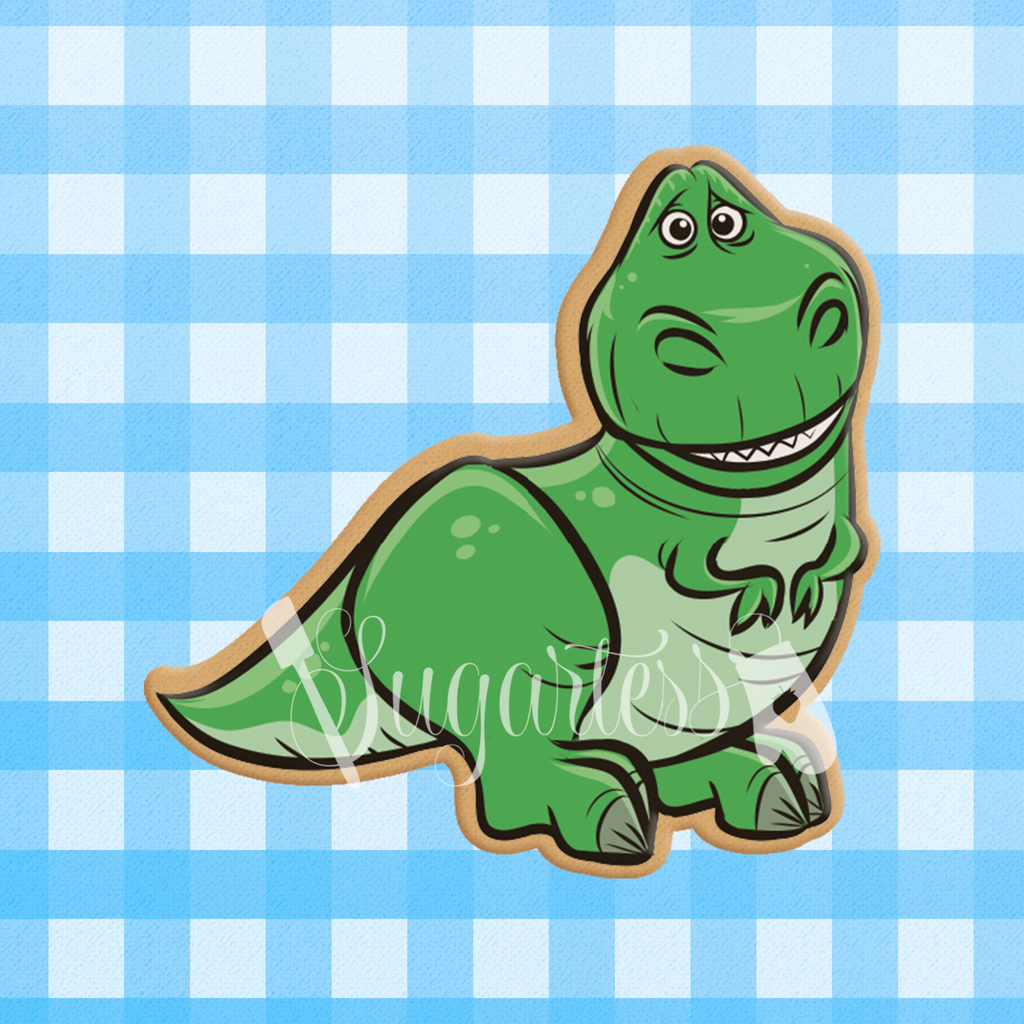 Sugartess custom cookie cutter in shape of toy dinosaur character.