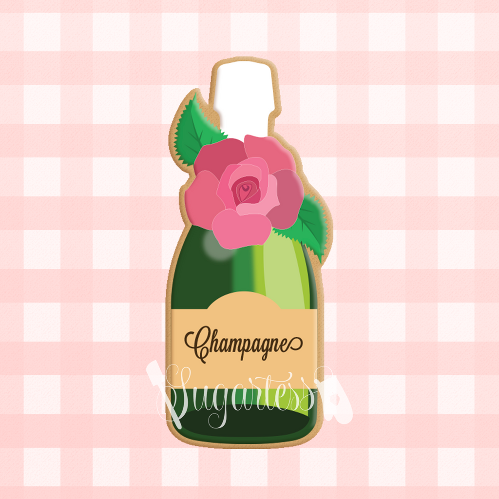 Sugartess custom cookie cutter in shape of floral champagne bottle with open rose.