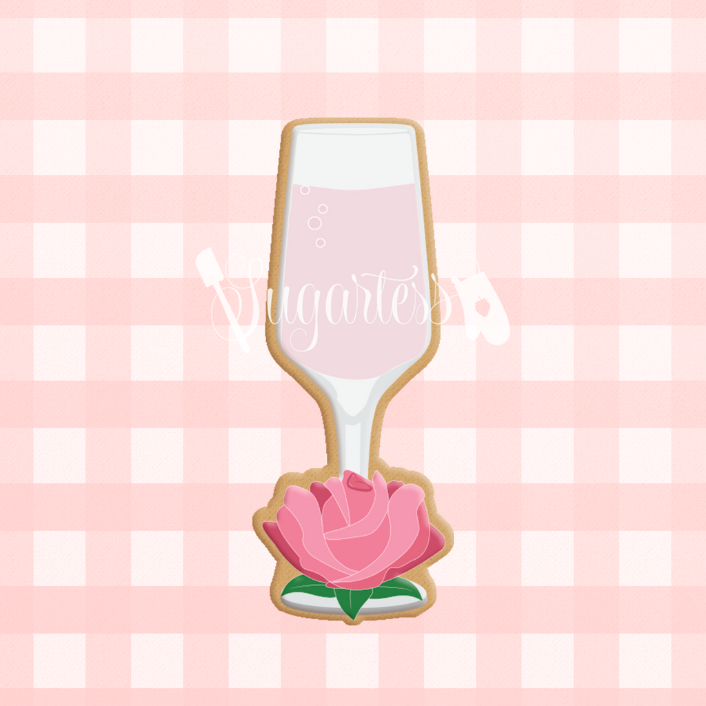 Sugartess custom cookie cutter in shape of champagne flute glass with open rose 1.