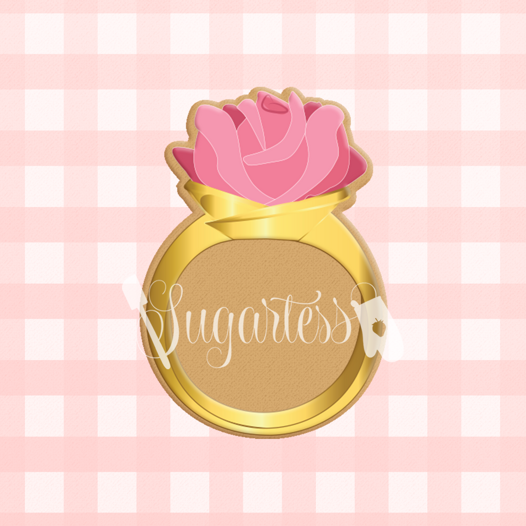Sugartess custom cookie cutter in shape of floral open rose solitaire engagement ring.