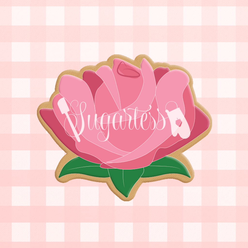 Sugartess custom cookie cutter in shape of an open rose with sepals.