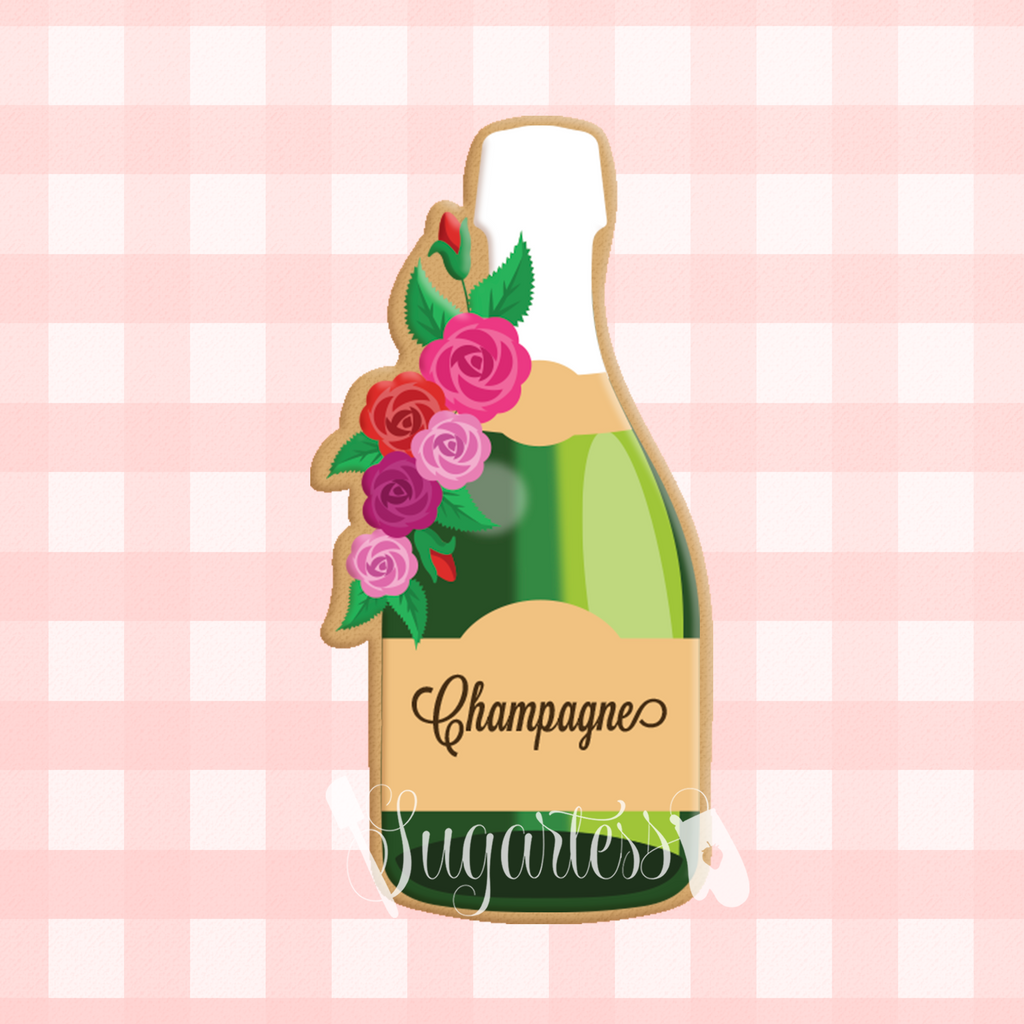 Sugartess custom cookie cutter in shape of floral champagne bottle with rosettes.