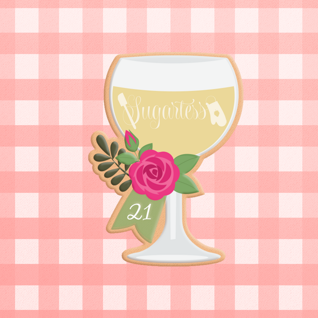Sugartess custom cookie cutter in shape of wine glass decorated with rose and ribbon for anniversary date or age number.