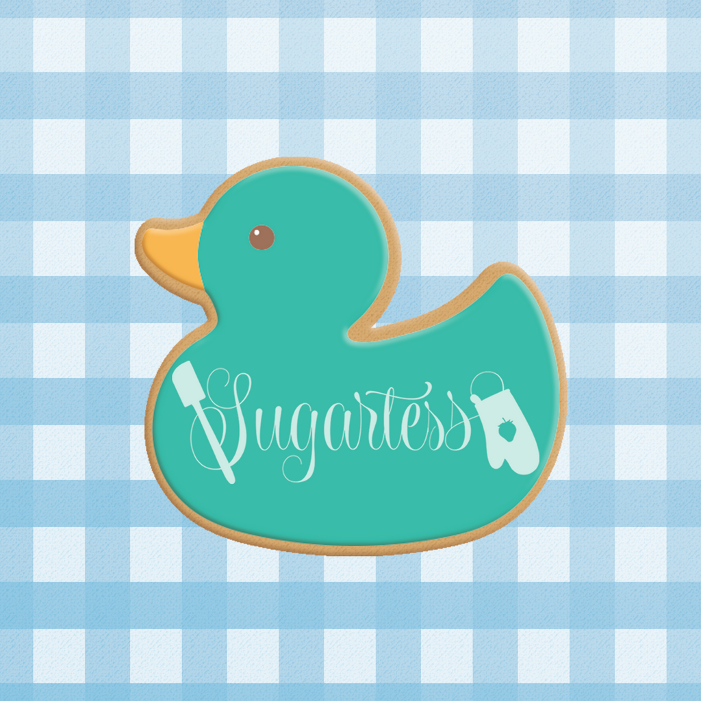 Sugartess custom cookie cutter in shape of baby rubber duck toy.