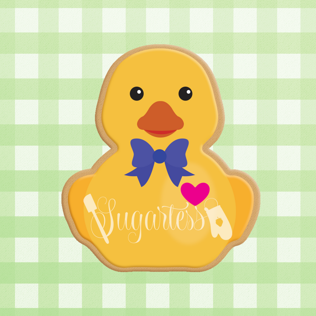Sugartess custom cookie cutter in shape of baby rubber boy duck toy.