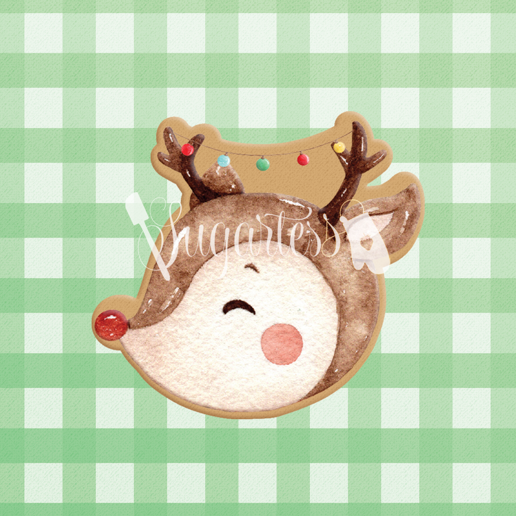 Sugartess custom cookie cutter in shape of Rudolph reindeer's head.