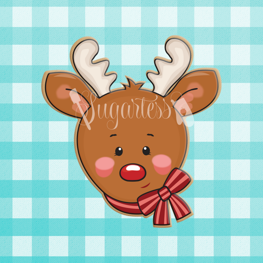Sugartess custom holiday cookie cutter of Rudolph reindeer head with neck bow.