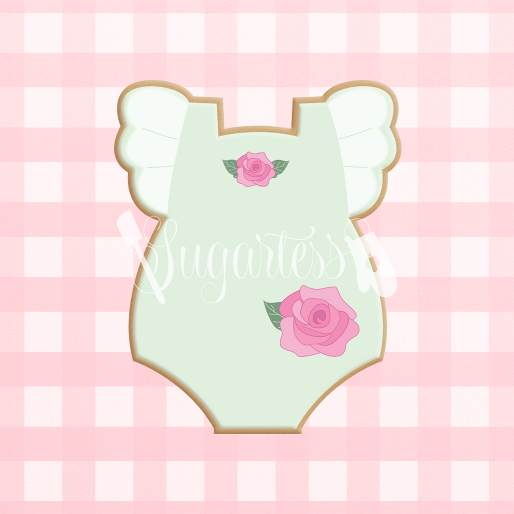 Sugartess custom cookie cutter in shape of a baby girl onesie with ruffled sleeves.