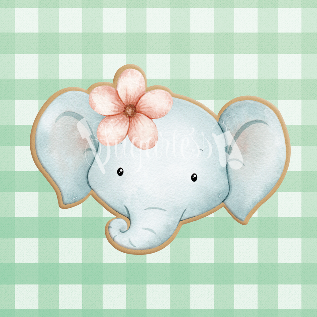 Sugartess cookie cutter in shape of a baby girl elephant head with flower headpiece.